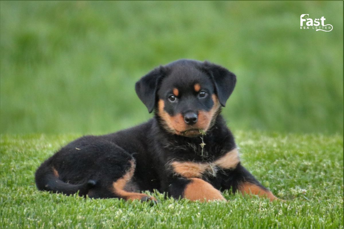 Adorable Rottweiler Puppy on Grass Rottweiler puppy lying on grass