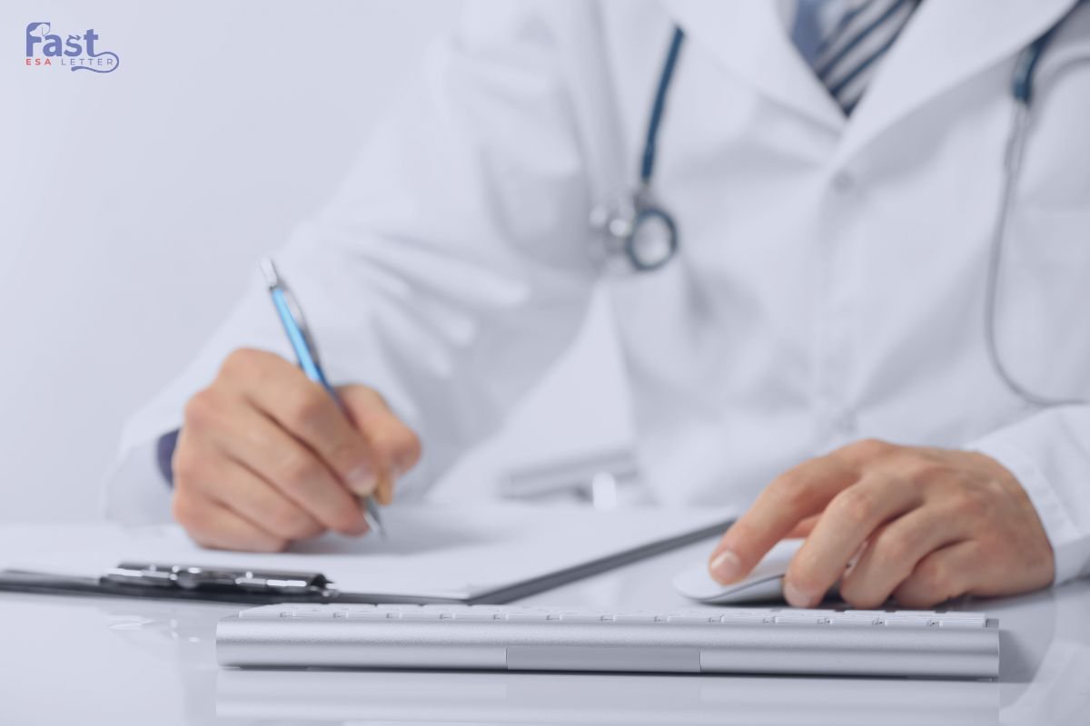 Who Can Write an ESA Letter? Doctor writing on a clipboard, representing a professional who can write an ESA letter for emotional support animals